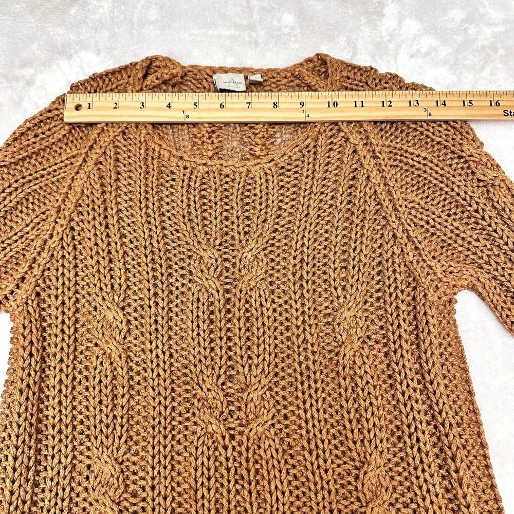 Vintage Anne Klein 90s Linen Blend Cable Knit Fisherman Sweater Camel SzM